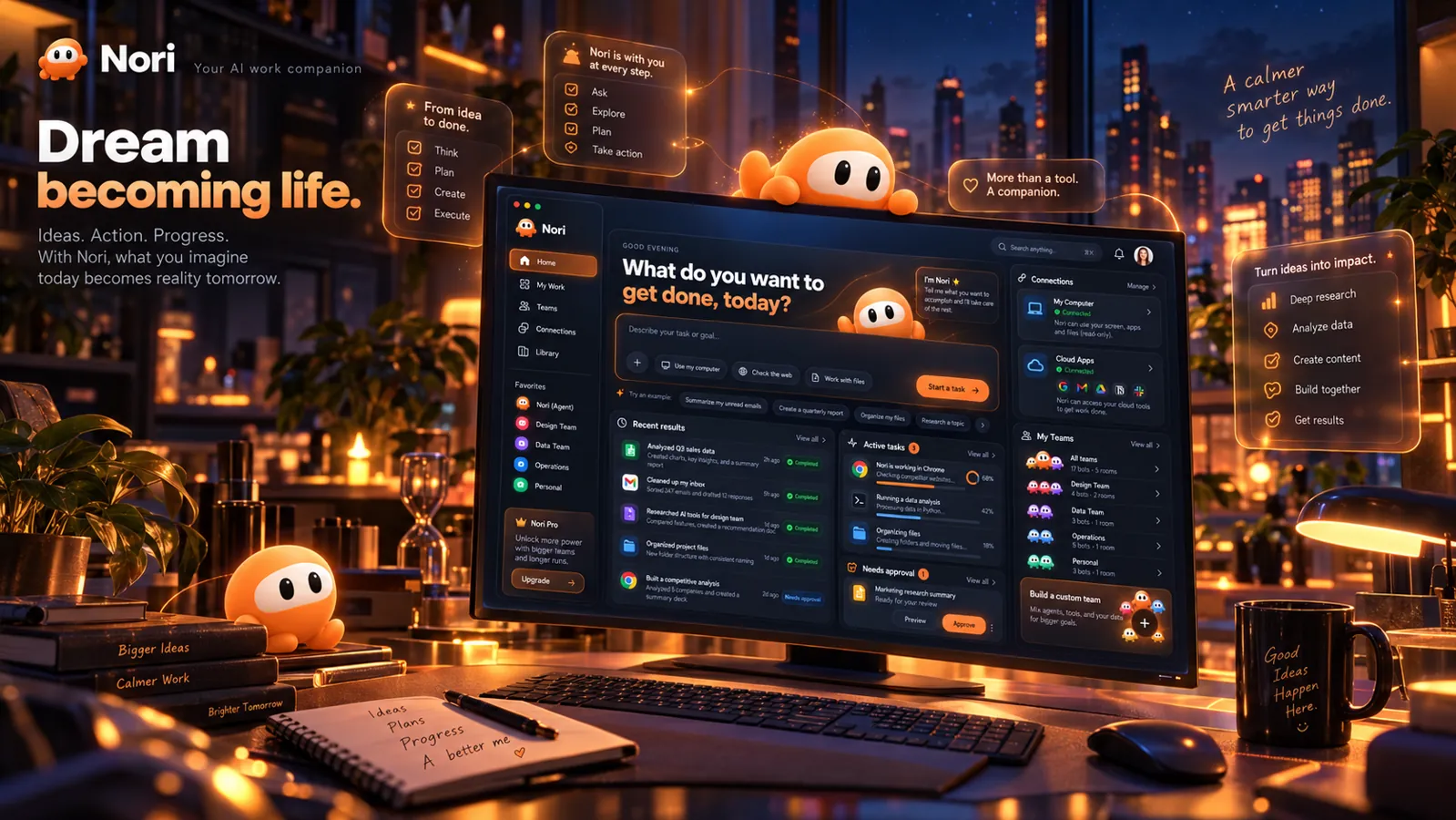 Concept artwork: the orange companion at a dusk workspace, product window open with tasks and teams