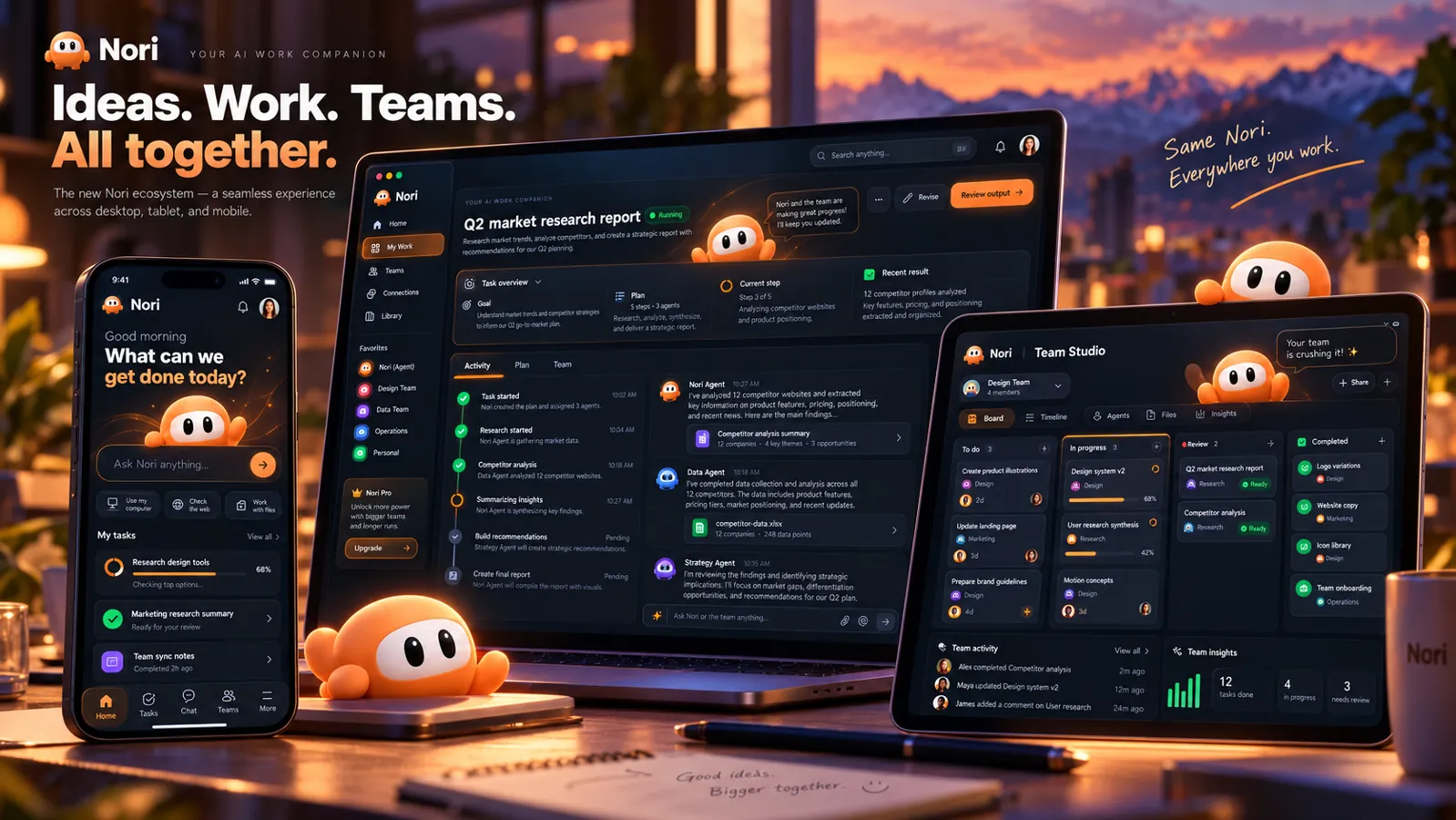 Concept artwork of the crew across desktop, tablet and phone