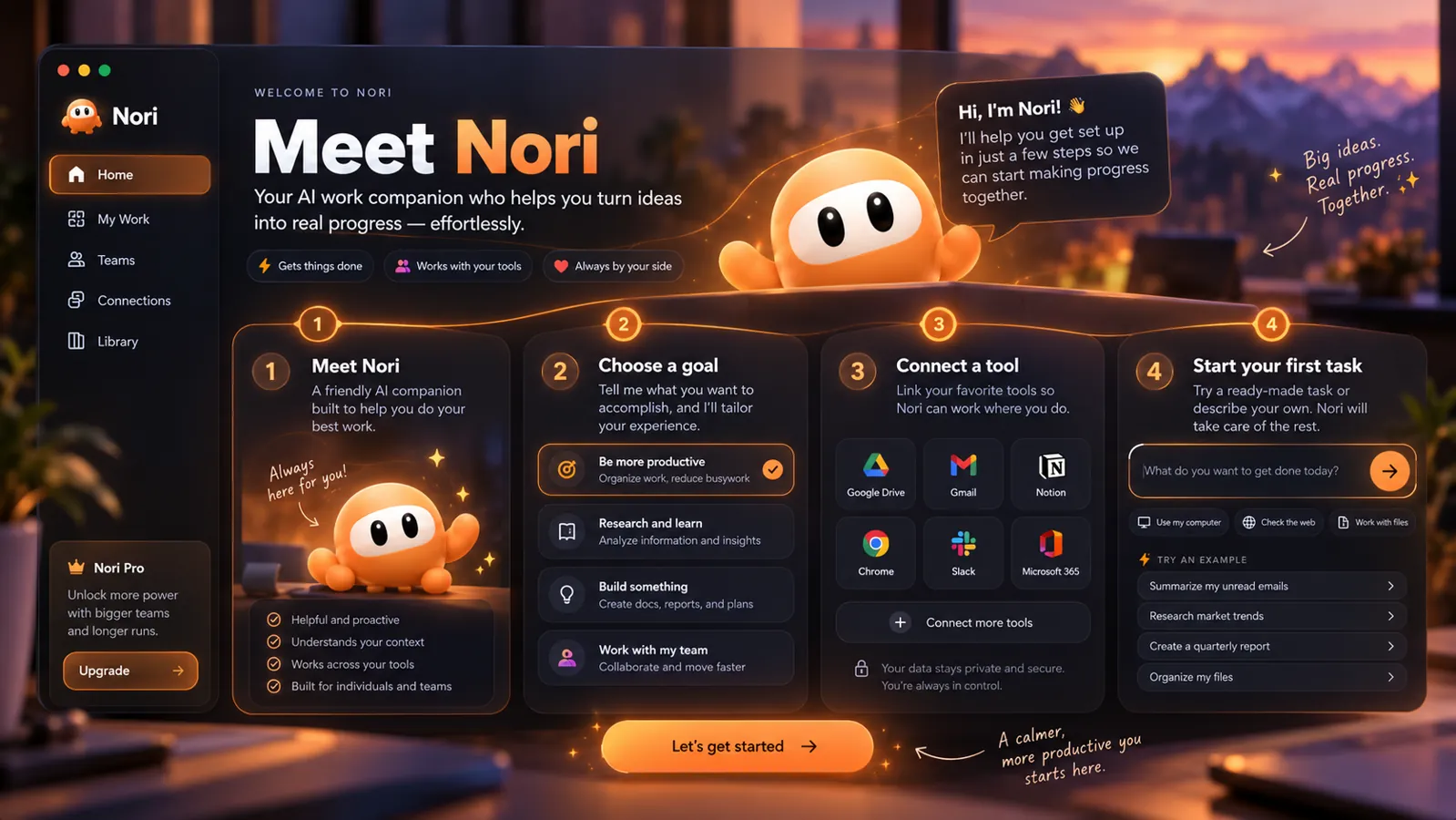 Concept artwork of the first-run experience on Habiff's desktop app