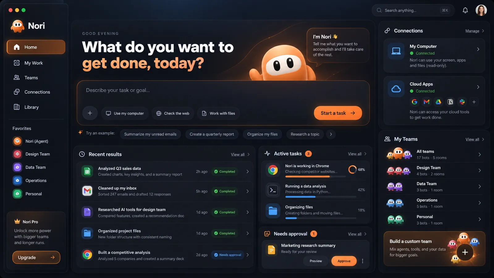Concept artwork of Habiff's home view with task entry, work results and agent controls